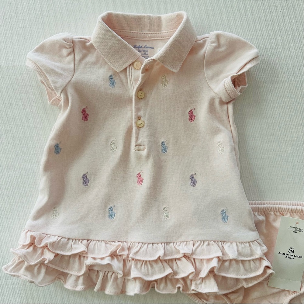 Ralph Lauren 3 Months Baby Girl Soft Pink Ruffle Logo Print Dress Spring Summer - Picture 2 of 5